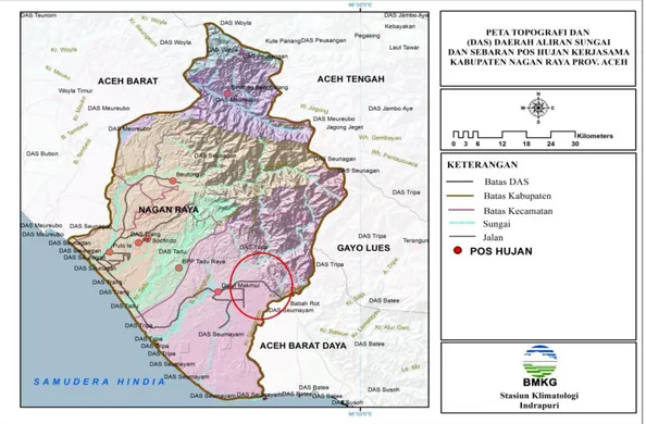 Gambar 2.  Kondisi Topografi, Daerah Aliran Sungai (DAS) dan               Sebaran Pos Hujan Kab