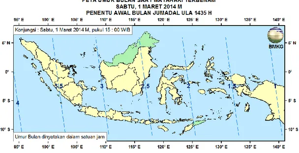 Gambar 4. Peta Umur Bulan tanggal 1 Maret 2014 untuk pengamat di Indonesia 