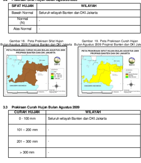 Gambar 18.  Peta Prakiraan Sifat Hujan   Bulan Agustus 2009 Propinsi Banten dan DKI Jakarta 