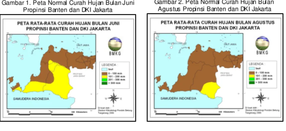 Gambar 1. Peta Normal Curah Hujan Bulan Juni  Propinsi Banten dan DKI Jakarta 