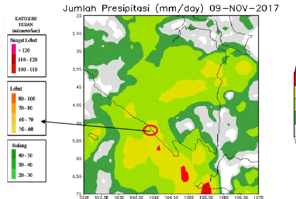 Gambar 6. Frekuensi Hujan Lebat GSMap Tanggal 09 Nopember 2017 