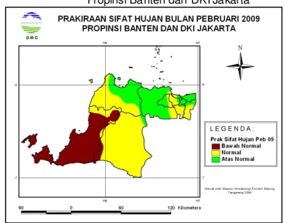 Gambar 18.  Peta Prakiraan Curah Hujan Bulan Pebruari 2009                                             Propinsi Banten dan DKI Jakarta 