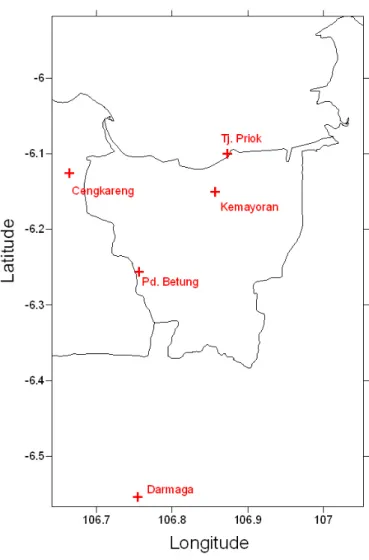 Gambar 2. Peta digital Jakarta disertai titik-titik pengamatan meteorologi. 