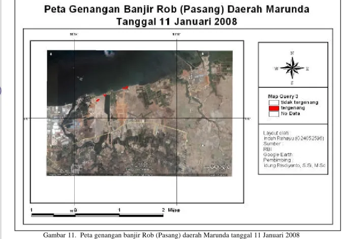 Gambar 11.  Peta genangan banjir Rob (Pasang) daerah Marunda tanggal 11 Januari 2008 