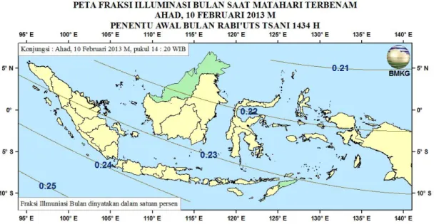 Gambar 6. Peta Fraksi Illuminasi Bulan tanggal 10 Februari 2013 untuk pengamat di Indonesia 
