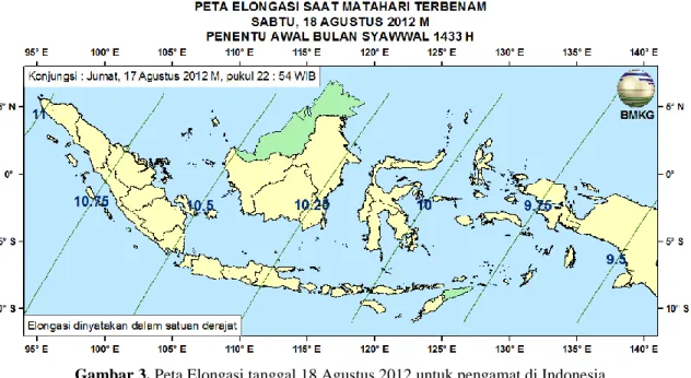 Gambar 3. Peta Elongasi tanggal 18 Agustus 2012 untuk pengamat di Indonesia 