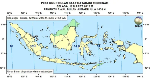 Gambar 5. Peta Umur Bulan tanggal 12 Maret 2013 untuk pengamat di Indonesia 