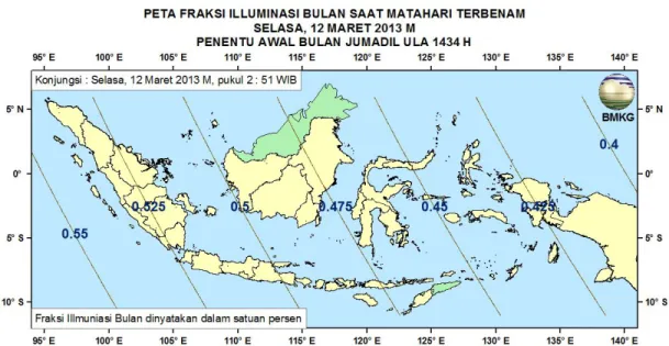 Gambar 7. Peta Fraksi Illuminasi Bulan tanggal 12 Maret 2013 untuk pengamat di Indonesia 