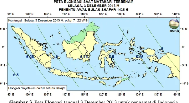 Gambar 3. Peta Elongasi tanggal 3 Desember 2013 untuk pengamat di Indonesia 