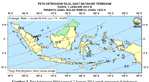 Gambar 4. Peta Elongasi tanggal 1 Januari 2014 untuk pengamat di Indonesia 