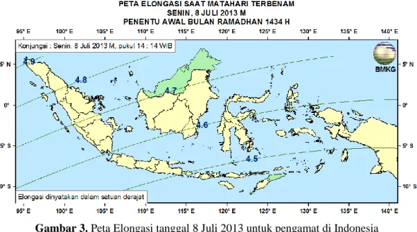 Gambar 3. Peta Elongasi tanggal 8 Juli 2013 untuk pengamat di Indonesia 