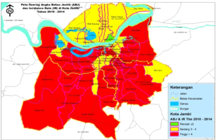 Gambar 3.5  Peta Hubungan ABJ dengan Kejadian DBD (IR) per Kelurahan di Kota Jambi  Pada  Gambar  4.16  hubungan  ABJ  gan  kejadian  DBD  ditunjukkan  dengan  banyaknya  warna merah yang berarti risiko kejadian DBD tinggi 
