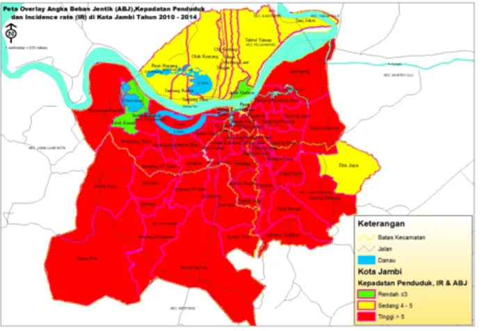 Gambar  3.6      Peta  Hubungan  Kepadatan  Penduduk,  ABJ  dengan  Kejadian  DBD  (IR)  per  Kelurahan di Kota Jambi 