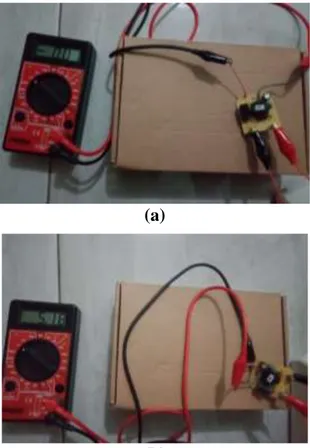 Gambar 10. Pengecekan tegangan output a) sebelum dan b) setelah mengganti kapasitor  Kapasitor  yang  mengalami  kerusakan  kemudian  diuji  tegangan  outptunya  menggunakan  osilos-kop,  digunakan  persamaan  untuk  pengisian  muatan  (charging)  kapasito