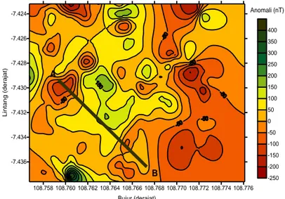 Gambar 4. (Color Online) Peta kontur anomali medan magnetik lokal daerah penelitian dan lintasan pemodelan AB 