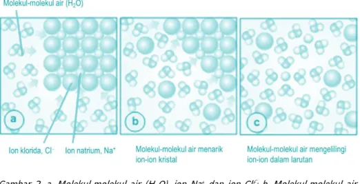 Gambar  2.  a.  Molekul-molekul  air  (H 2 O),  ion  Na +   dan  ion  Cl − ;  b.  Molekul-molekul  air  menarik ion-ion dari kristal; c