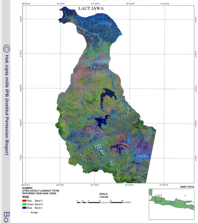 Gambar 1 Peta batas wilayah studi DAS dan Pesisir Citarum Jawa Barat     Sumber: Citra Satelit Landsat ETM +7, Path/Row 122/64 dan 122/65 