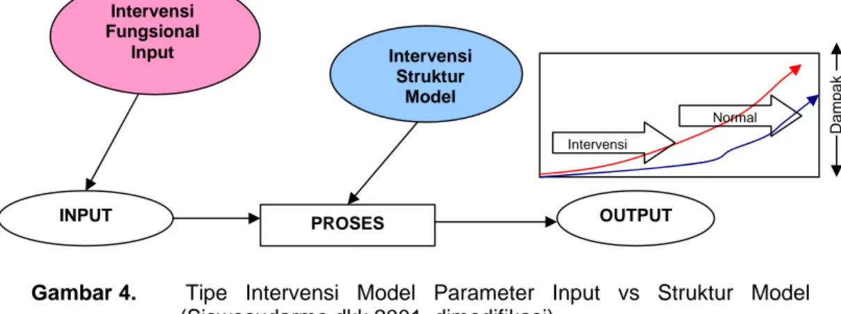 Gambar 4.  Tipe Intervensi Model Parameter Input vs Struktur Model  (Siswosudarmo dkk 2001, dimodifikasi) 