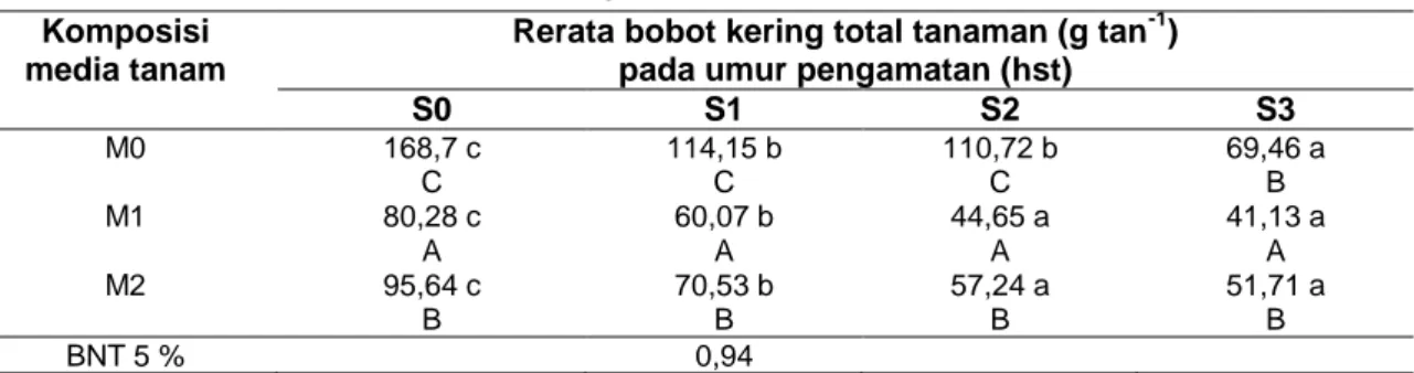 Tabel  6  Rerata  bobot  kering  total  tanaman  (g  tan -1 )  akibat  perlakuan  komposisi  media  tanam  dan ukuran bibit pada umur pengamatan 120 hst 