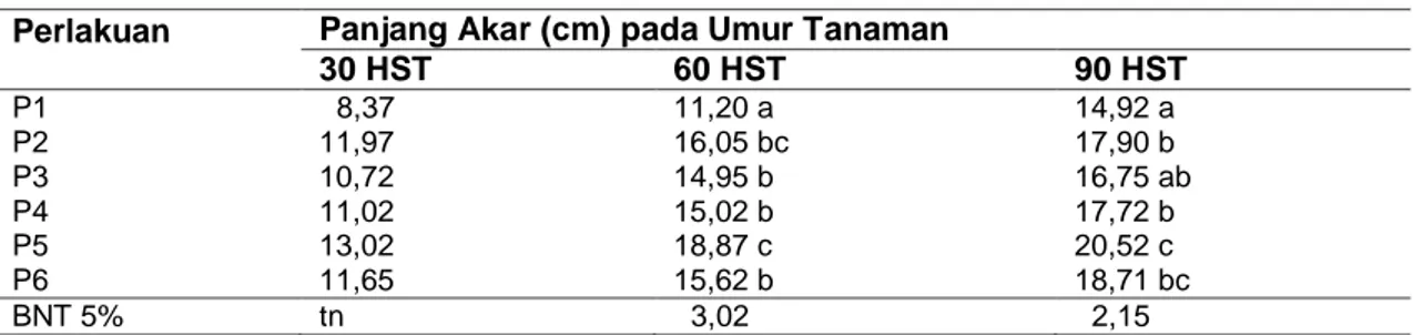 Tabel 7 Panjang akar akibat penambahan beberapa perlakuan pada berbagai umur pengamatan  Perlakuan 