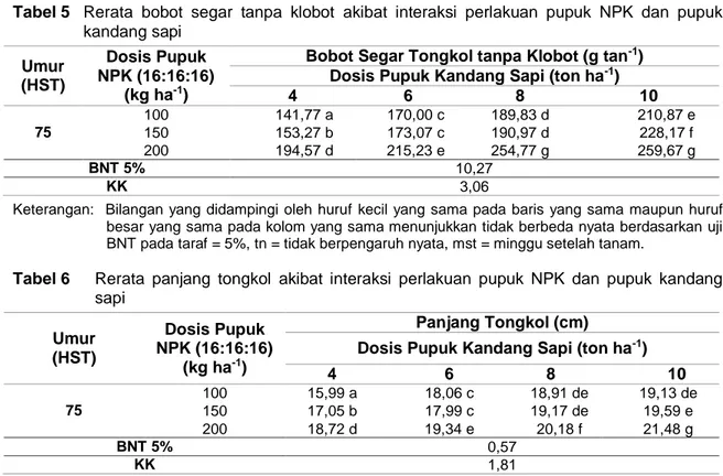 Tabel 5  Rerata  bobot  segar  tanpa  klobot  akibat  interaksi  perlakuan  pupuk  NPK  dan  pupuk  kandang sapi  Umur  (HST)  Dosis Pupuk  NPK (16:16:16)   (kg ha -1 ) 