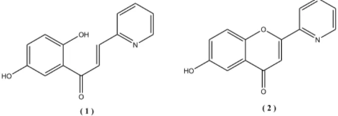 Gambar 1. Salah satu turunan senyawa kalkon (1-(2,5-dihidroksifenil)-3-piridin-2-il- (1-(2,5-dihidroksifenil)-3-piridin-2-il-propenon) pada nomor 1 dan turunan flavon (6-Hidroksi-2-(Piridin-2-il)-4H-Kroman-4-On) 