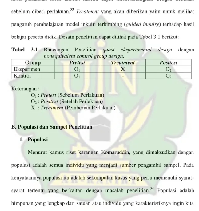Tabel  3.1  Rancangan  Penelitian  quasi  eksperimental  design  dengan  nonequivalent control group design
