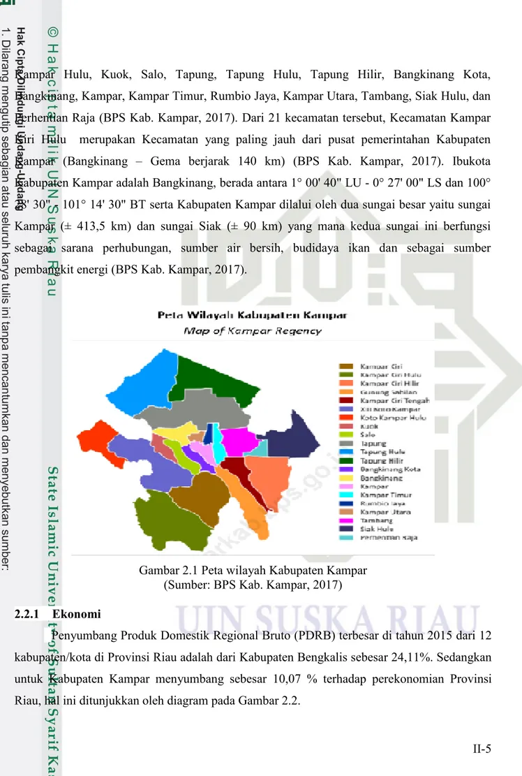 Gambar 2.1 Peta wilayah Kabupaten Kampar  (Sumber: BPS Kab. Kampar, 2017)  2.2.1  Ekonomi 