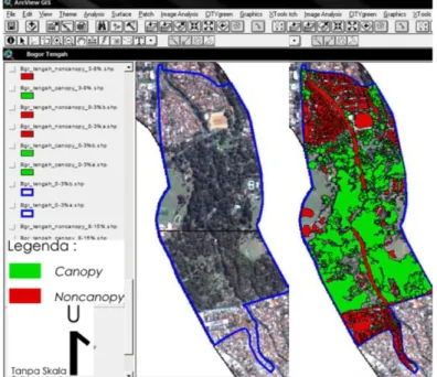 Gambar 5. Kondisi real area Kecamatan Bogor Tengah kemiringan lereng 3-8% (kiri)  dan digitasinya (kanan) 
