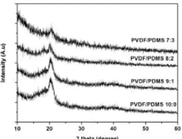 Gambar 4. Pola difraksi separator pori dengan perbandingan rasio komposisi  PVDF/PDMS : (a)10:0 (b) 9:1 (c) 8:2 (d) 7:3
