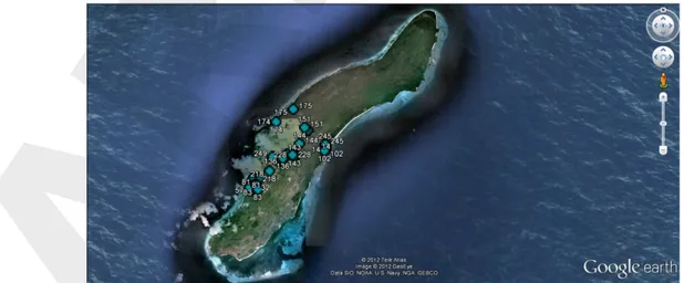 Gambar 2.  Sebaran titik-titik pengamatan dalam survei (Sumber: Google earth dengan modifikasi penulis)