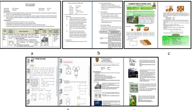 Gambar 1 (a) Draf awal silabus, (b) RPP, (c) LKS, (d) buku siswa, (e) TKLM-PISA 