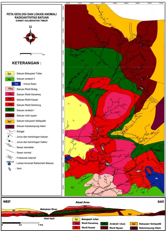 Gambar 3. Peta Geologi dan Lokasi Anomali Singkapan Batuan, Daerah Kawat,   Mahakam Hulu, Kalimantan Timur ( 1) 