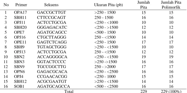 Tabel 2.   Rekapitulasi  jumlah  amplifikasi  pita  DNA  40  genotipe  bawang  merah  pada  16  primer  RAPD 