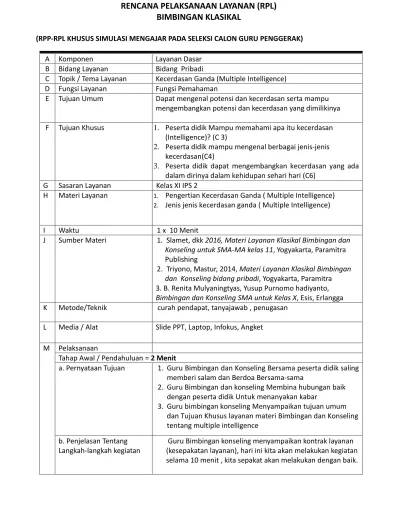 RENCANA PELAKSANAAN LAYANAN (RPL) BIMBINGAN KLASIKAL