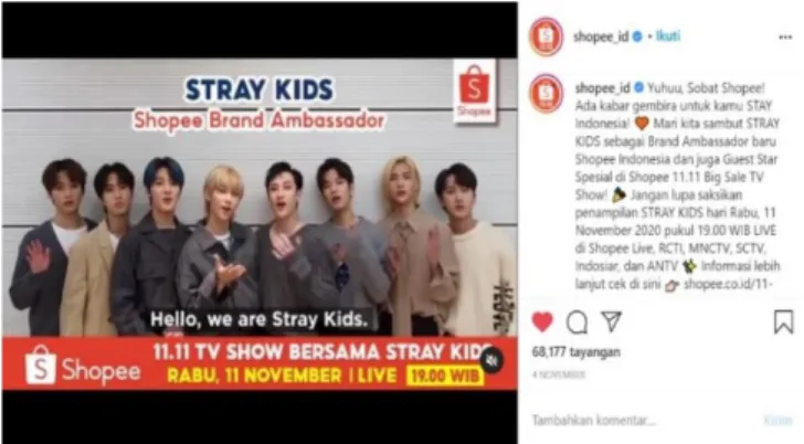 Gambar 1.4 Stray Kids dikonfirmasi sebagai brand ambassador (Instagram)  Sumber: instagram.com/shopee_id diakses pada 14 November 2020 