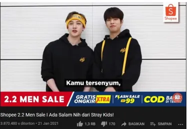 Gambar 1.9 Stray Kids dalam iklan Youtube 2.2 Men Sale Shopee  Sumber: youtube.com/ShopeeIndonesia diakses pada 21 November 2020 