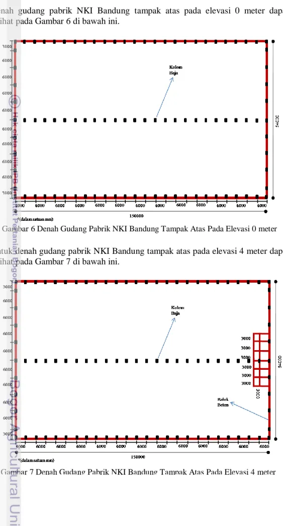 Gambar 7 Denah Gudang Pabrik NKI Bandung Tampak Atas Pada Elevasi 4 meter  Gambar 6 Denah Gudang Pabrik NKI Bandung Tampak Atas Pada Elevasi 0 meter 