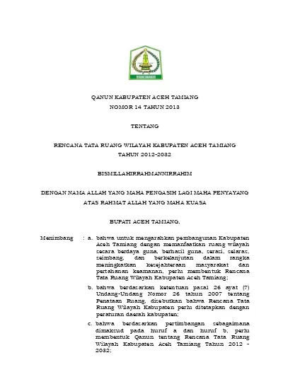 QANUN KABUPATEN ACEH TAMIANG NOMOR 14 TAHUN 2013 TENTANG RENCANA TATA ...