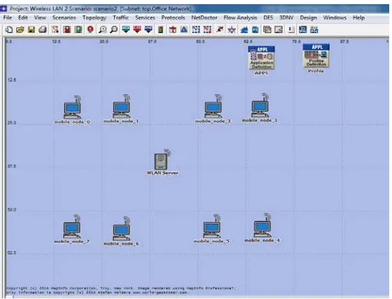 Gambar 3.8 Hasil rancangan WLAN pada Simulator OPNET 