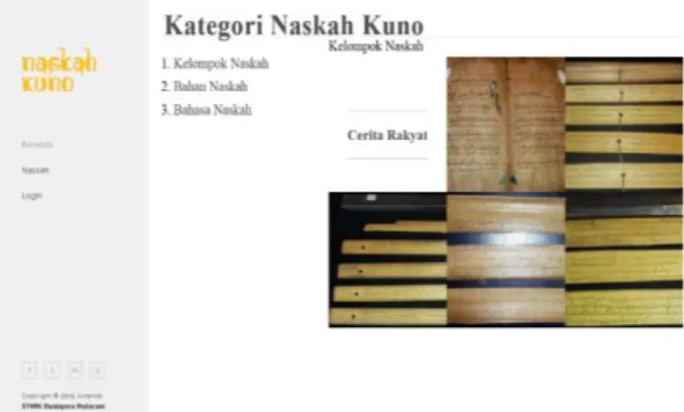 Gambar 5.  Sub-menu NaskahKuno Sasak  Adapun  isi  dari  sub-menu  Kelompok  Naskah  Kuno  Sasak adalah sebagai berikut 
