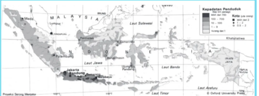 Gambar 2.9  Peta kepadatan penduduk Indonesia Sumber: Atlas pelajar, 2003