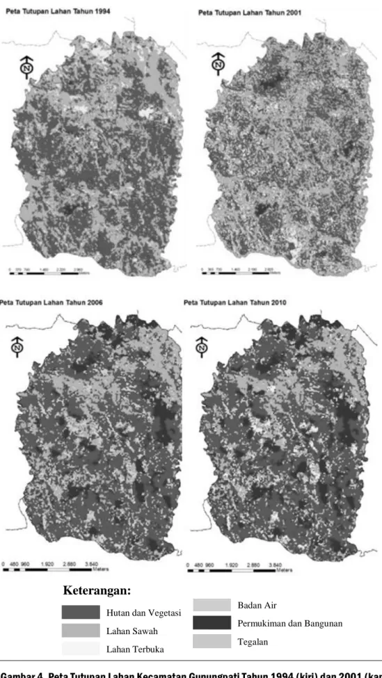 Gambar 4. Peta Tutupan Lahan Kecamatan Gunungpati Tahun 1994 (kiri) dan 2001 (kanan) 