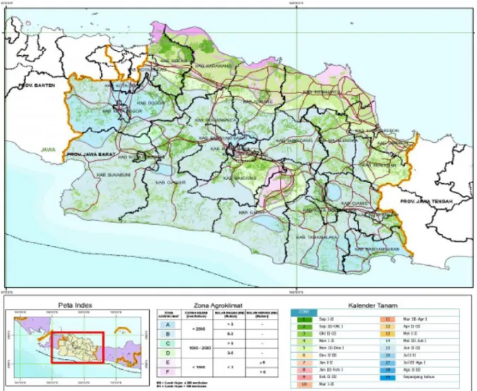 Gambar  1.    Peta  kalender  tanam  padi  sawah  di  Provinsi  Jawa  Barat  untuk  musim  tanam  MH  2015/2016 (www.katam.litbang.pertanian.go.id).