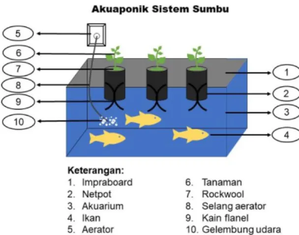 Gambar 1. Modifikasi sketsa instalasi teknologi akuaponik sistem wick/sumbu   Pemeliharaan benih ikan gabus dan pemberian komposisi probiotik ke dalam  wadah budidaya 