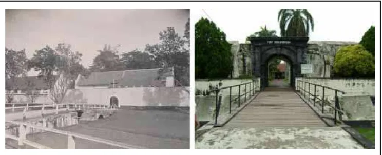 Gambar 2. Pintu gerbang Fort Rotterdam di Makassar, Foto koleksi KITLV (www.kitlv.nl foto nomor 15258) (kiri), dan pintu gerbang Fort Marlborough Bengkulu (foto koleksi pribadi penulis) (kanan).