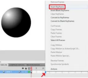 Gambar 7. Bola yang berada di frame 8, geser ke kanan stage  8.  Klik kanan di frame 1 dan 8, pilih Create Motion Tween 