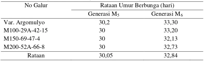 Tabel 9. Perbandingan umur berbunga Generasi M5 dengan Generasi M6. 
