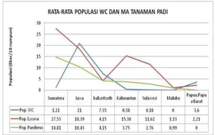 Gambar 5.  Grafik rata-rata populasi WC dan  MA tanaman padi di Indonesia  Grafik. menunjukkan bahwa  populasi musuh alami (Lycosa dan Paederus)  di pulau  jawa  lebih  rendah  dibanding  populasi  hama  wc,  kondisi  ini  berpotensi  terhadap  serangan  h