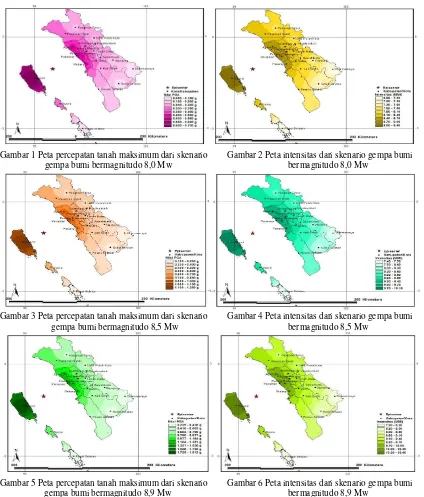 Gambar 3 Peta percepatan tanah maksimum dari skenario        Gambar 4 Peta intensitas dari skenario gempa bumi   